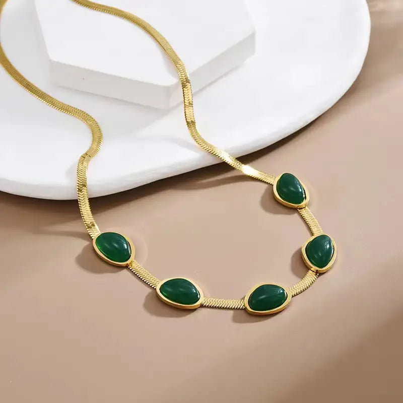 Oval Green Crystal Pendant Necklace Set With Bracelet