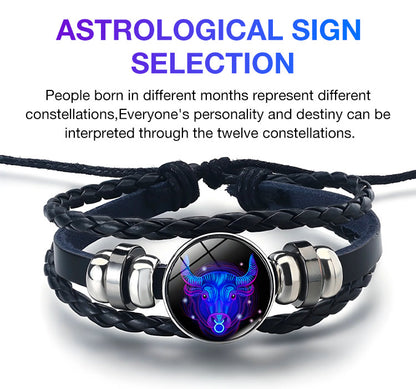 Zodiac Constellation Braided Design Black Leather Bracelet Adjustable